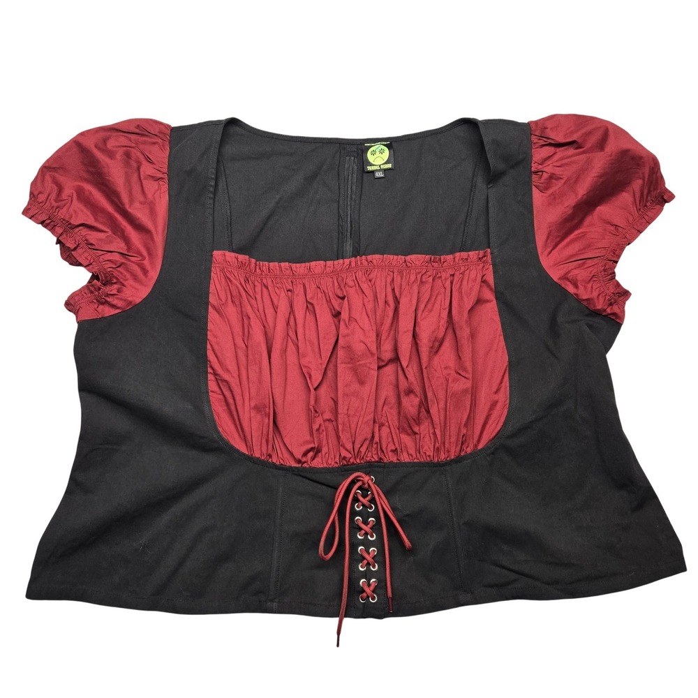 Tunnel Vision Blouse Womens 4XL Black Red Puff Sleeve Lace Up Gothic Pirate Top
